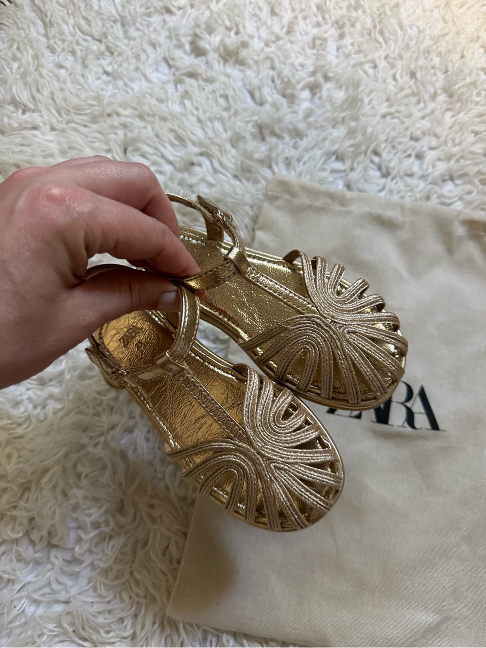Zara Gold Braided Detail T-Strap Sandals